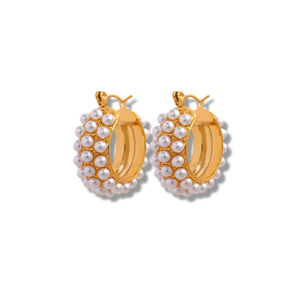 Golden Pearl Huggies Earrings